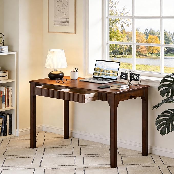100% Solid Wood Desk with Drawers, Small Home Office Writing Wooden Desk, Vintage Wood Desk for Small Spaces, Bedroom, Work Study Computer Table with Fluted Design and Hooks(Walnut)