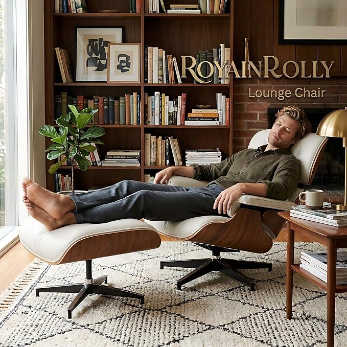 Mid Century Chaise Lounge Chair with Ottoman, Top Black Grain Leather, Modern Office Chair Classic Design, Heavy Duty Base Support for Living Room Study Lounge Office