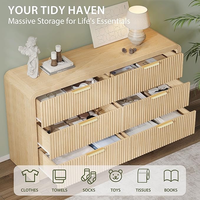 Fluted 6 Drawers Dresser for Bedroom,55'' Wide Wood Dressers with Gold Handles, Modern Dressers with Wave Texture, Large Storage Chest of Drawers, Bedroom Dresser Organizer (Natural Oak)