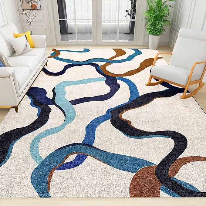 Mid-Century Black Brown and Blue Irregular Stripes Art Area Rug, Modern Abstract Lines Bedside Rug, Non Slip Absorbent Easy Clean Washable Mat for Floor Living Room Bedroom Entryway-6x8ft