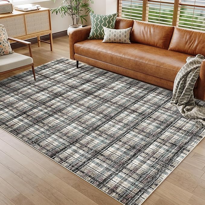 Washable Area Rug 5x7 Rugs for Living Room Modern Bedroom Rug Large Area Rug Non Slip Throw Rugs Soft Low Pile Stain Resistant Carpet for Dining Room Nursery Rug 5'x7' Teal&Dark Brown