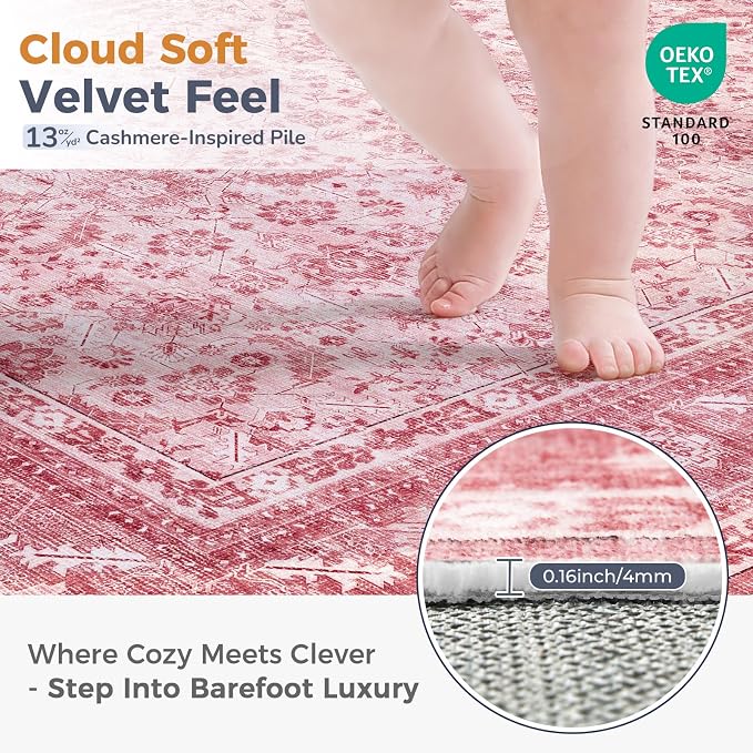 OPPODREAM Vintage Pink Area Rugs 10x14, 10 x 14 Retro Washable Rug Non Slip, Low-Pile Faux Wool Carpet, Distressed Floor Mat for Living Room, Bedroom, Office, Dorm, Dinning Room, Big & Large
