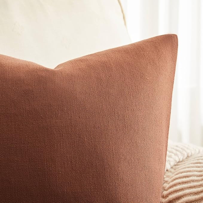 ZeeMart Rustic Cotton Linen Throw Pillow Covers Set of 2, 20x20 Inch Terracotta, Farmhouse Style Decorative Couch Pillow Cases Cushion Covers for Sofa Bed Living Room Home Decor