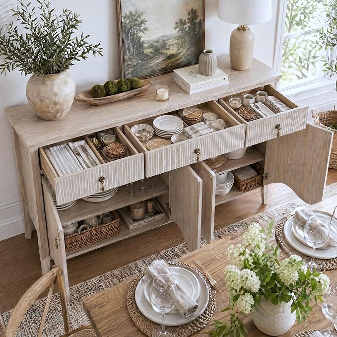 FUSUNBAO 57-Inch Sideboard Buffet Cabinet with 3 Drawers and 4 Doors, Vintage Fluted Sideboard with Scalloped Base, Vintage Storage Cabinet for Dining Room, Organic Modern Accent Cabinet,Nature Oak