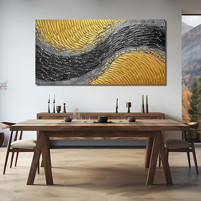 CPKATMT Large Abstract Canvas Wall Art For Living Room Black And Gold Painting Wall Decor For Office 3d Wall Art For Dining Room Size 40 x 80 Inch