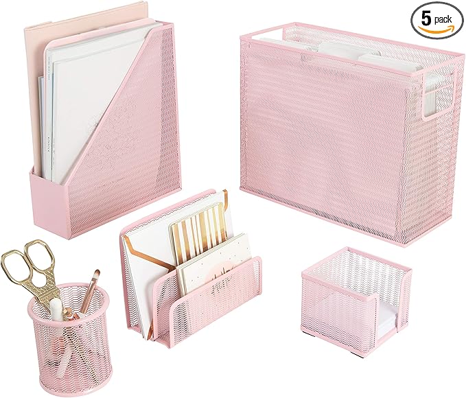 BLU MONACO | Pink Desk Organizer Set | 5 Piece Metal Office Desk Organizer with Hanging File Holder, Magazine Organizer, Pen Cup, Sticky Note Holder, Letter Sorter | Desk Organizers and Accessories
