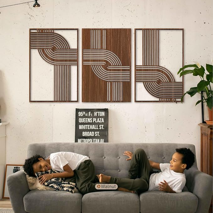 Abstract Wood Wall Art Set of 3, Geometric Curved Line Decorative Panels, Mid Century Modern Wooden Decor, Scandinavian New House Gift for Living Room and Bedroom