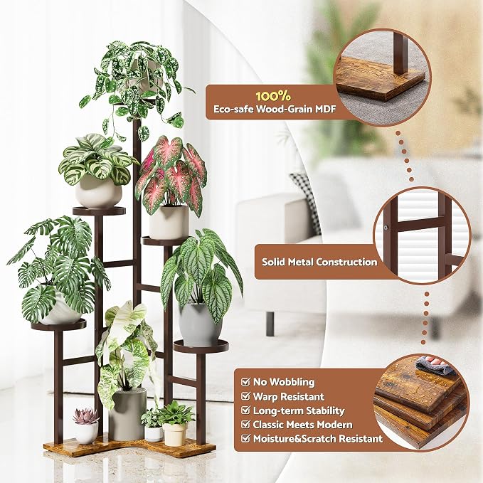 5 Tiered Corner Plant Stand with 7.1 Inch Wide Tray,Tall Plant Stand for Corner Indoor, Metal Plant Shelf Outdoor for Patio Office LivingRoom - BrownDisk