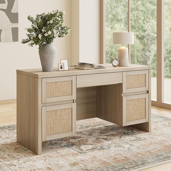 Yechen Executive Desk with 5 Drawers, 57" Modern Rattan Home Office Desk with Charging Station, File Drawer, Farmhouse Boho Computer Writing Desk for Study, Work, Light Beige
