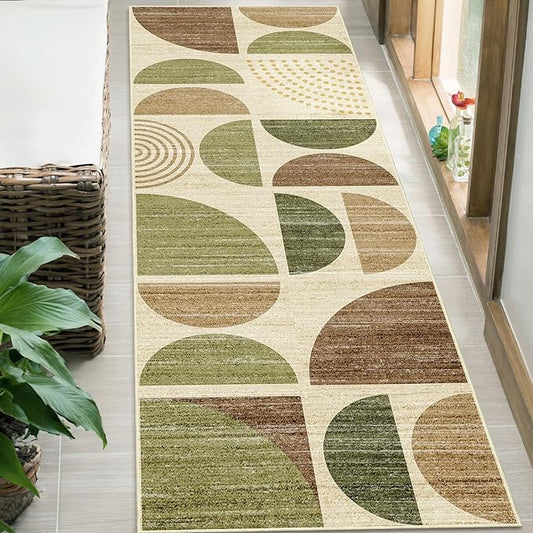 MUJOO Runner Rug Washable,2x6 Area Rugs for Hallways Kitchen Bathroom Bedroom Entryway,Non Slip Carpet Long Mat Indoor,Boho Soft Modern Abstract Vintage Green and Brown