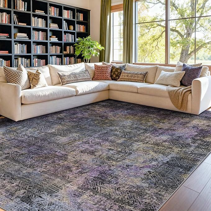 Kokia Abstract Area Rugs 8x10 Bedroom Soft Living Room Rugs Washable Distressed Vintage Comfy Black Purple Carpet with Non-Slip Backing for Farmhouse Home Office Room Decor, Violet and Slate Blue