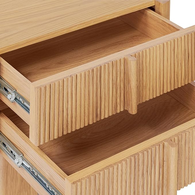Poly & Bark Toledo 22” Nightstand – Solid and Veneered American White Oak Construction with Ribbed Drawer Fronts and Soft‑Close Drawers – Textural Modern Bedside Table for Stylish Bedrooms