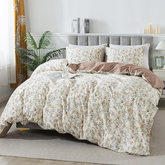 HoneiLife Botanical Duvet Cover King - 100% Cotton Comforter Cover Sets, Floral Duvet Cover Sets, Wildflower Bedlinen Set with Zipper Closure & Corner Ties
