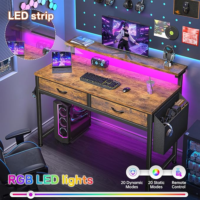 Gaming Desk with LED Lights with 2 Drawers, 31 Inch Desk Home Office Desk Computer Desk with Side Pocket & Ergonomic Monitor Stand, Small Space Study Writing Table with Anti-Tip Design, Rustic Brown