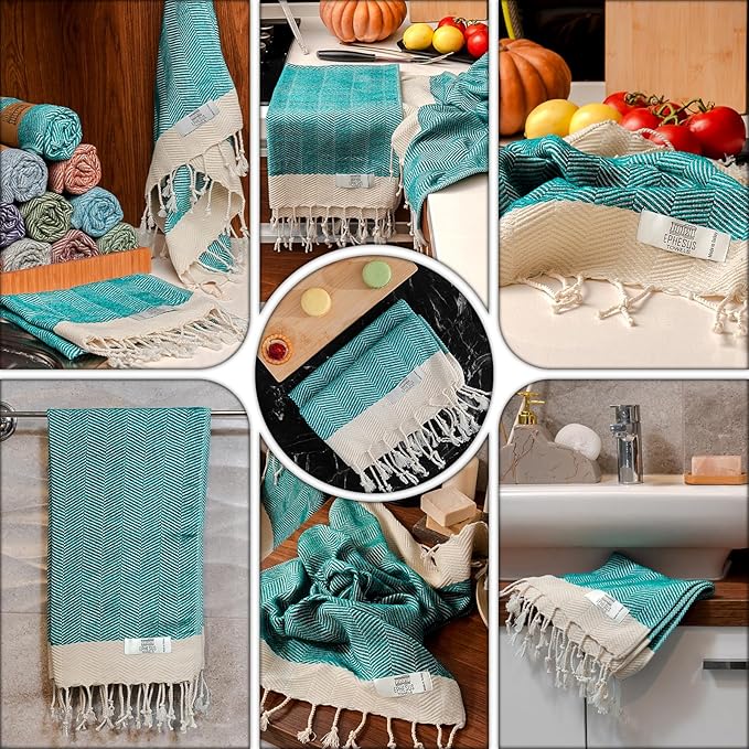 Hand Towels - Set of 2 | 18" x 30" - Decorative Turkish Hand Towel for Bathroom, Kitchen, Guest, Face, Hair, Tea, Dishcloth (Herringbone, Oil Green)