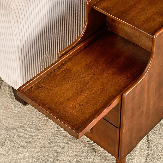 2-Set Solid Hardwood End Table with 2 Drawers, Traditional Beside Table with Pull-Out Coffee Tray, Modern Vintage Sofa Chair Side Table Nightstand for Living Room Bedroom, Cherry Brown Accent Table