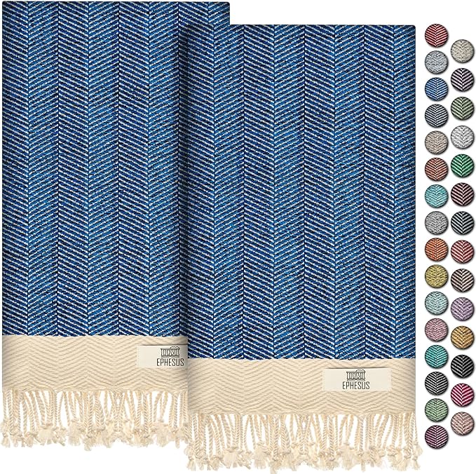 Hand Towels - Set of 2 | 18" x 30" - Decorative Turkish Hand Towel for Bathroom, Kitchen, Guest, Face, Hair, Tea, Dishcloth (Herringbone, Oil Blue)