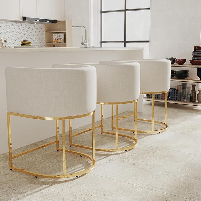 Linen Bar Stools Set of 2, 24" Contemporary Upholstered Fabric Counter Height Bar Stools Kitchen Counter Island Stools Barstools with Golden Metal Base, Cream