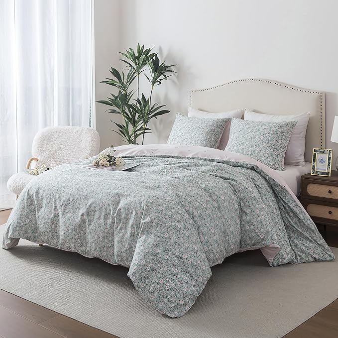 HoneiLife Duvet Cover King Size - 100% Cotton Comforter Cover Floral, Light Green Duvet Cover with Zipper Closure and Corner Ties, 3-Piece Wildflower Comforter Cover Sets