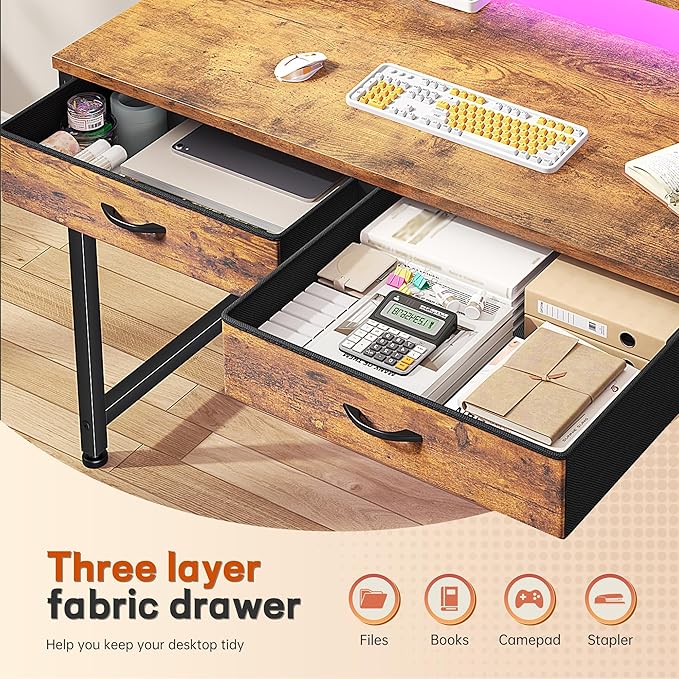 Gaming Desk with LED Lights with 2 Drawers, 31 Inch Desk Home Office Desk Computer Desk with Side Pocket & Ergonomic Monitor Stand, Small Space Study Writing Table with Anti-Tip Design, Rustic Brown