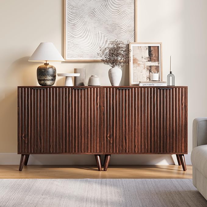 Walnut Sideboard Buffet Cabinet with Storage, 2 Doors Modern Fluted Buffet Cabinet for Living Room, Accent Credenza with Adjustable Shelves Entryway Storage Cabinets for Kitchen, Entryway