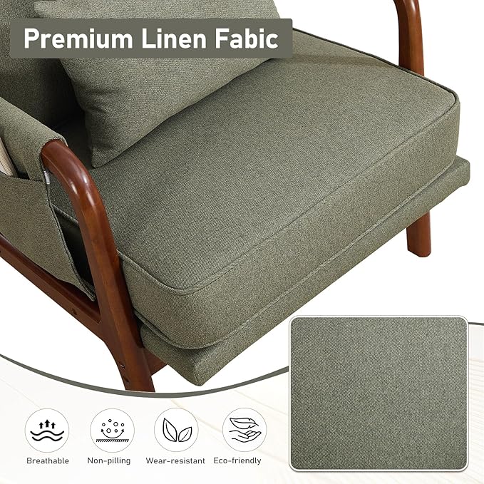 ANJ Mid Century Modern Accent Chair Set of 2, Lounge Reading Armchair with Extra Side Pocket & Detachable Cushion, Comfy Fabric Accent Chairs for Living Room, Bedroom, Green
