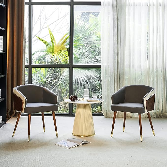 ARTPLAN Dining Accent Chair,Modern Faux Leather with Walnut, Mid Century Eucalyptus Upholsted Retro Arm Chair, Metal Legs Dissassembly Adjustable Foot for Kitchen Dining Room,Grey