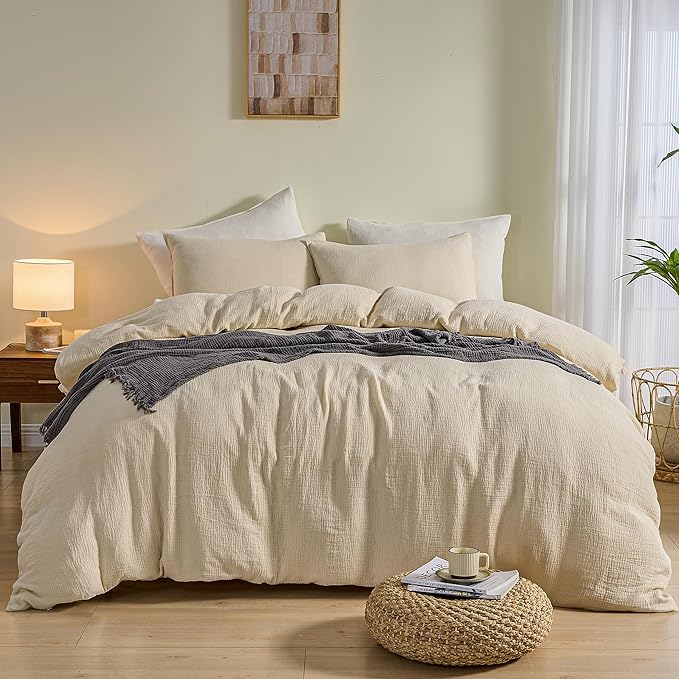 Simple&Opulence Linen Muslin Duvet Cover Set Twin Size, 3Pcs Khaki Linen Cotton 3-Layer Gauze Minimalist Comforter Cover 68”x86”, Ultra Soft Breathable Seersucker Bedding Set with 1 Pillowcase
