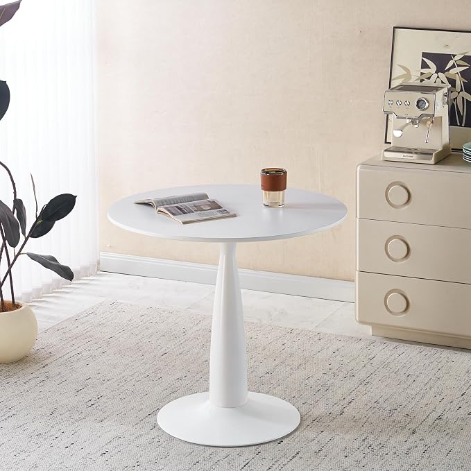 31.5 Inch Round Pedestal Dining Table for 4 to 6 Person Mid Century Modern Tulip Table MDF Top with Metal Base for Living Room Kitchen Office, White