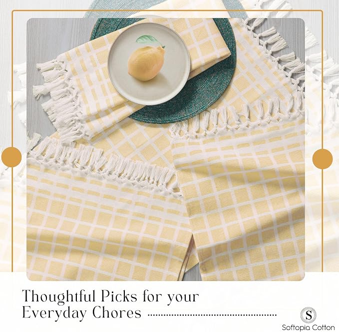 Matrix Dobby Kitchen Towels 4 Pack 100% Cotton, 16x26 Inches, Decorative Tea Towels with Handmade Tassels, Absorbent Washable Wash Cloths for Kitchen Drying - Mustard Yellow, Natural