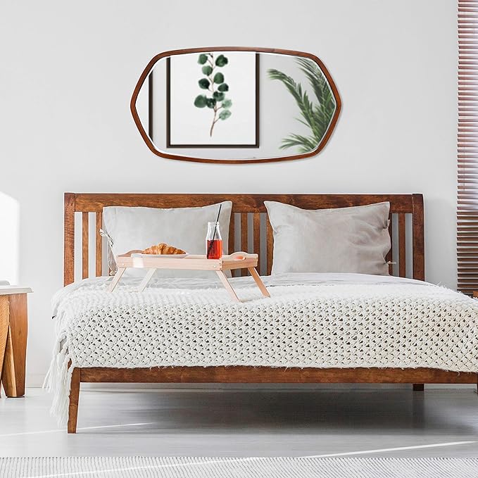Kate and Laurel McLean Modern Wood Framed Oblong Hexagon Wall Mirror, 26 x 30, Walnut Brown, Decorative Geometric Mirror for Wall