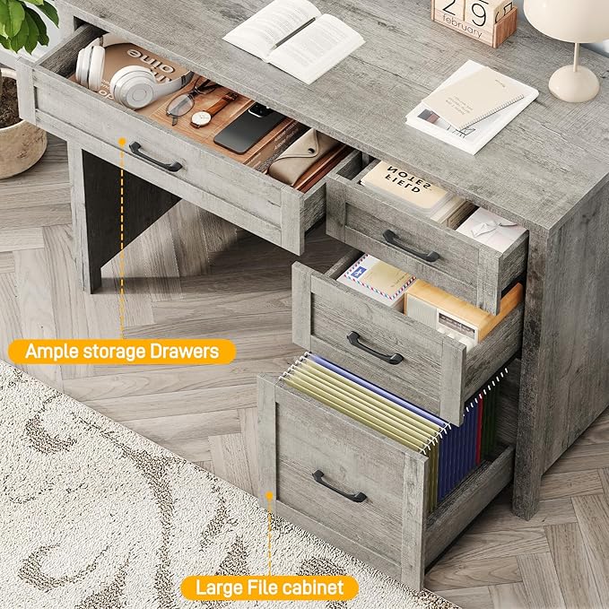 Farmhouse 47" Executive Desk, Computer Desk with File Drawer and Charging Station, Workstation for Home Office, Study.Grey
