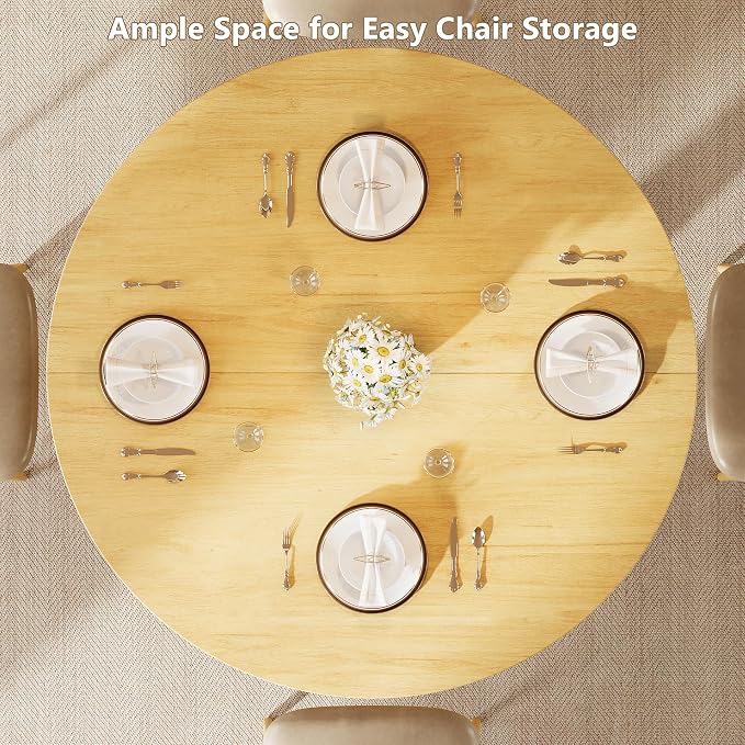 Einhomn Round Dining Table for 4-6, Kitchen Table with Sturdy Double Arc & Rounded Base & Backboard Clasp Desktop, Mid-Century Modern Circle Dinner Table for Dining Living Room, Space Saving, Natrual