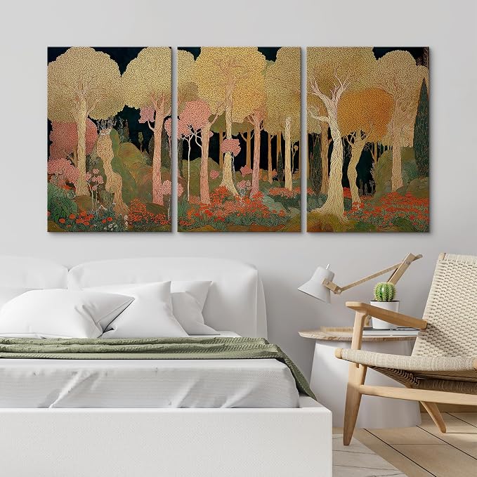 wall26 Canvas Print Wall Art Set Art Nouveau Golden Forest Whimsical Vintage Tree and FloralDecorative Minimal Relax/Zen for Living Room, Bedroom, Office - 24"x36" x 3