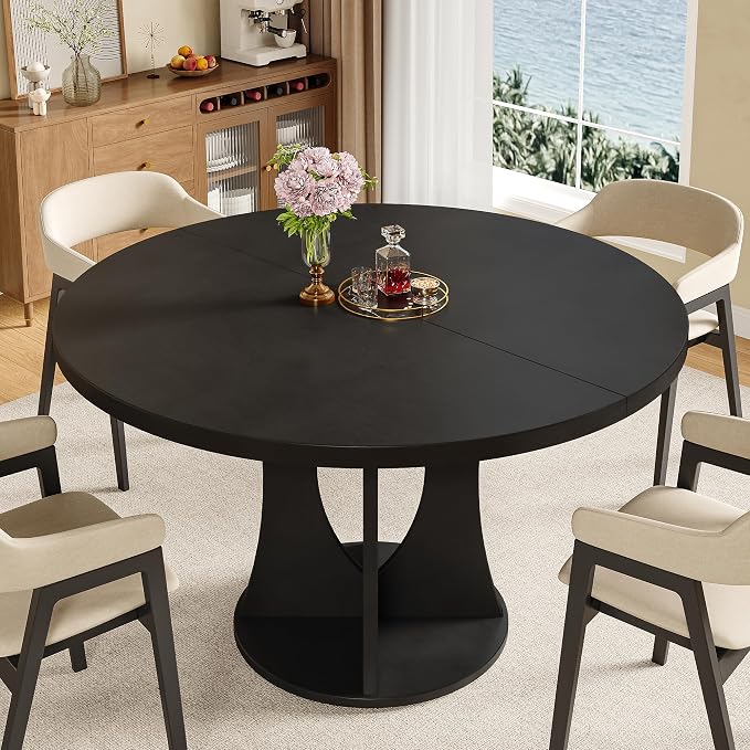 iPormis 47 Inch Round Dining Table for 4-6 People, Wooden Dining Room Table with Pedestal Base, Modern Kitchen Table for Small Spaces, Black, Table Only