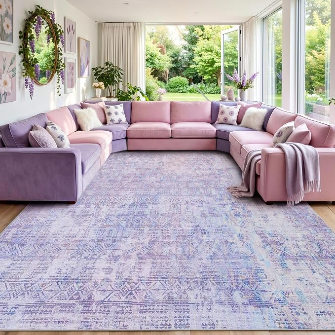 Kokia Abstract Area Rugs 9x12 Bedroom Washable Decor Low Pile Non-Slip Non-Shedding Indoor Lavender Carpet Foldable Stain Resistant Floor Mat Living Room Dining Room