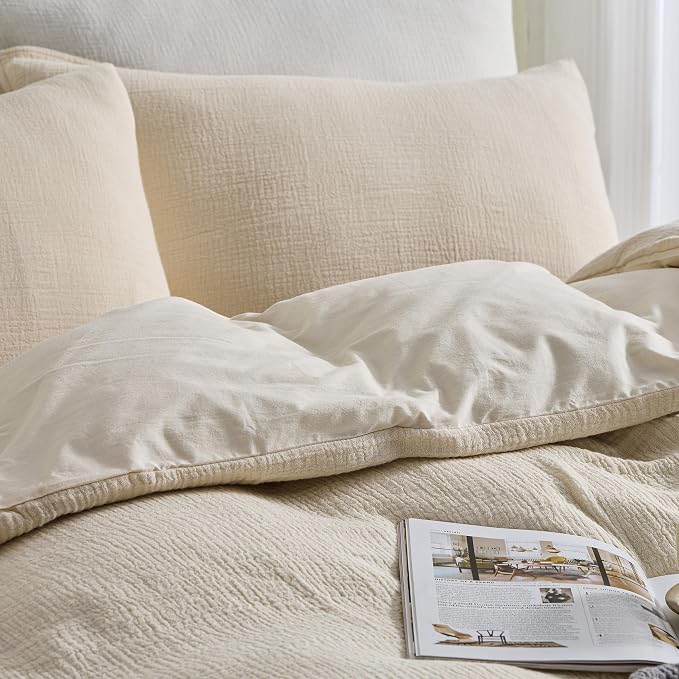 Simple&Opulence Linen Muslin Duvet Cover Set King Size, 3Pcs Khaki Linen Cotton 3-Layer Gauze Minimalist Comforter Cover 104”x92”, Ultra Soft Breathable Seersucker Bedding Set with 2 Pillowcases