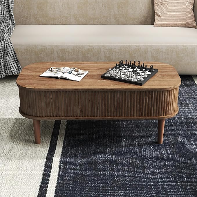 Fluted Lift Top Coffee Table with Hidden Storage, Oval Coffee Table with Lifting Top, Mid Century Modern Design for Living Room, Office & Small Spaces(Walnut)