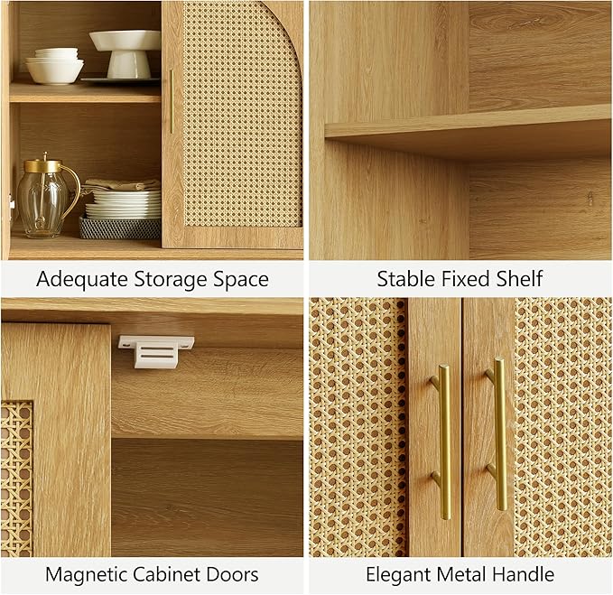 FORTUNETEC Sideboard Buffet Cabinet with Storage, 31.5" Modern Accent Cabinet with Rattan Arched Doors, Modular Media Console, Boho Credenza for Living Room Kitchen Dining Room Entryway, Oak
