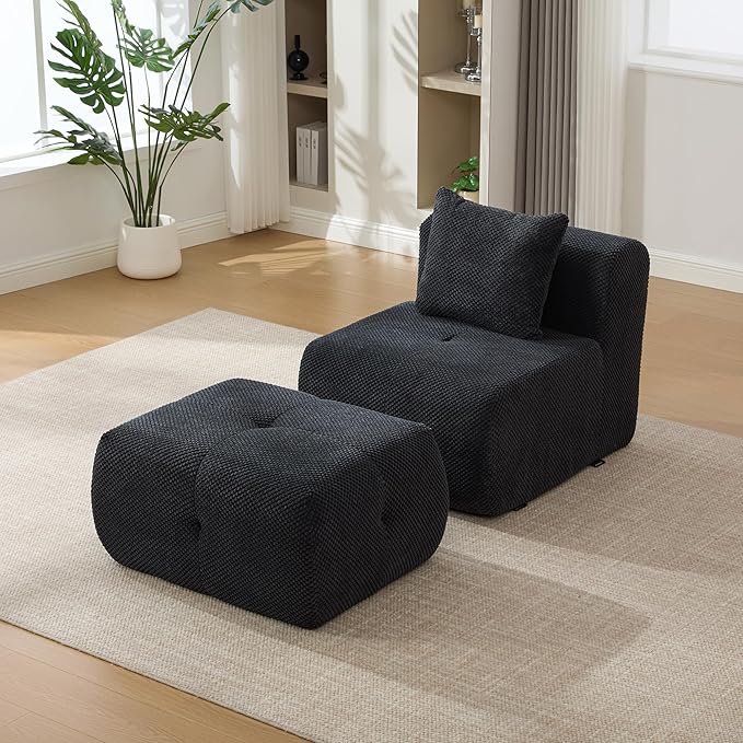 31" Minimalist Style Armless Accent Chair with Ottoman,Modern Boneless Deep Seat Single Sofa with Pillow,Comfortable Chaise Lounge,No Assembly Required for Apartment,Living Room,Charcoal
