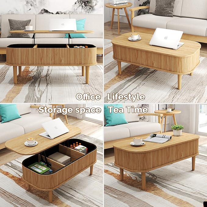 Fluted Lift Top Coffee Table with Hidden Storage, Oval Coffee Table with Lifting Top, Mid Century Modern Design for Living Room, Office & Small Spaces(Natural)