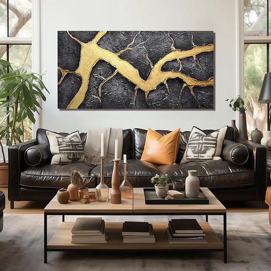 DNIEOTU Hand Painted Abstract Wall Art for Living Room, Black and Gold Canvas Wall-Decor for Bedroom, 3D Textured Paintings for Hallway Office, Large Size 59 x 29 Inches