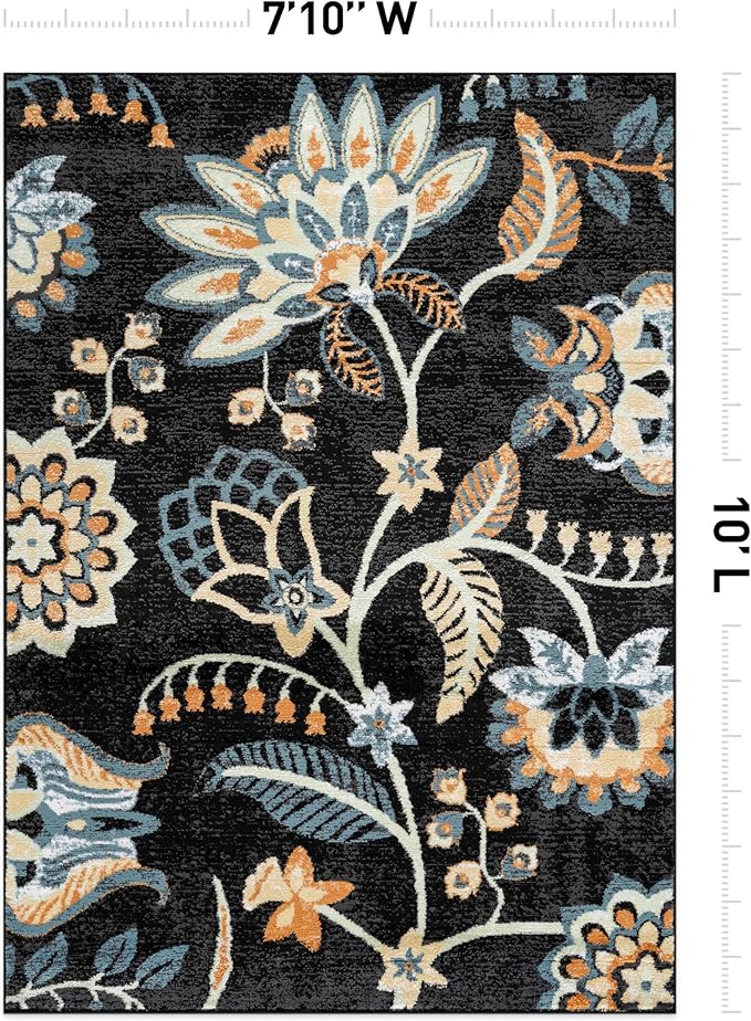 Rugshop Black Floral Area Rug – Colorful Botanical Indoor Carpet for Living Room, Bedroom, or Dining Room – Soft Low-Pile, Non-Shedding Traditional Rug 7' 10" x 10'