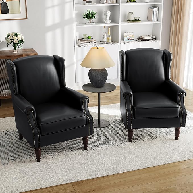 Pia Ricco High Back Floral Accent Chair - Retro Wingback Upholstered Armchair in Faux Leather, Nailhead Trim & Solid Wood Legs for Living Room Bedroom Reading Chair（Black