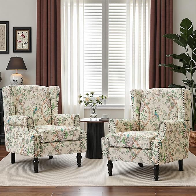Wingback Chairs Set of 2, High Back Floral Accent Chair in Fabric, Comfy Upholstered Armchair with Nailhead Trim for Living Room, Single Sofa Reading Chair for Small Spaces, Bedroom-Bird