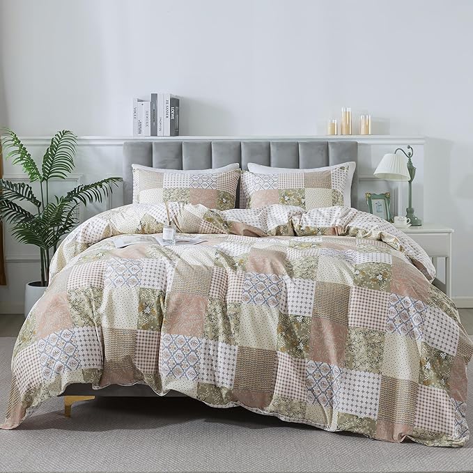HoneiLife Duvet Dover King Size - 100% Cotton Comforter Cover, Patchwork Bedlinen Set with Zipper Closure & Corner Ties, 3-PC Rustic Comforter Cover Sets