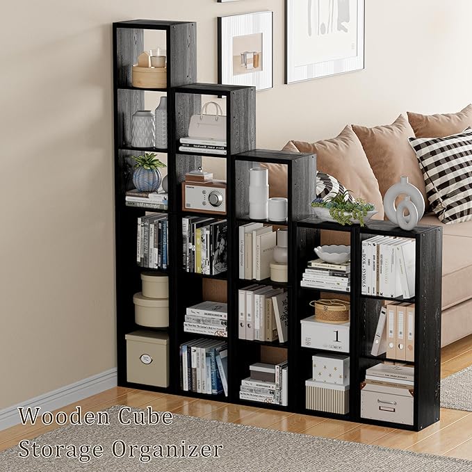 Tall Cube Storage Organizer Bookcase, 6 Tier 11 inch Open Back Cubical Shelf with Thickened Border, Display Bookshelf for Living Room, Home Office, Sturdy Room (Black, 6 Cube,Vertical)