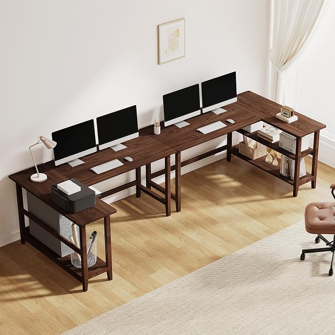 IOTXY Reversible L-Shaped Office Desk - 53" Modern Corner Computer Table with Storage Shelves, Solid Wood Legs, Home Writing & Study Workstation, Walnut