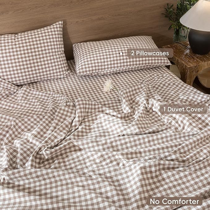 MooMee Gingham Duvet Cover Set 100% Washed Cotton Linen Like Textured Breathable Durable Soft Comfy Modern Checkered Design (Brown Gingham, Oversized Queen 98"x98")