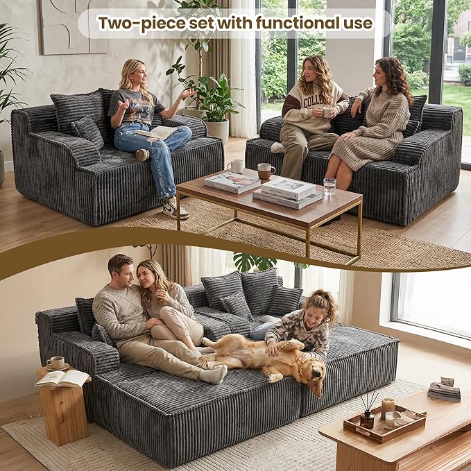 Chaise Lounge Chair Indoor,Boneless Chair with Ottoman,Comfy Reading Chair for Adults,Small Sofa Bed Couch for Living Room,Double Size,Grey